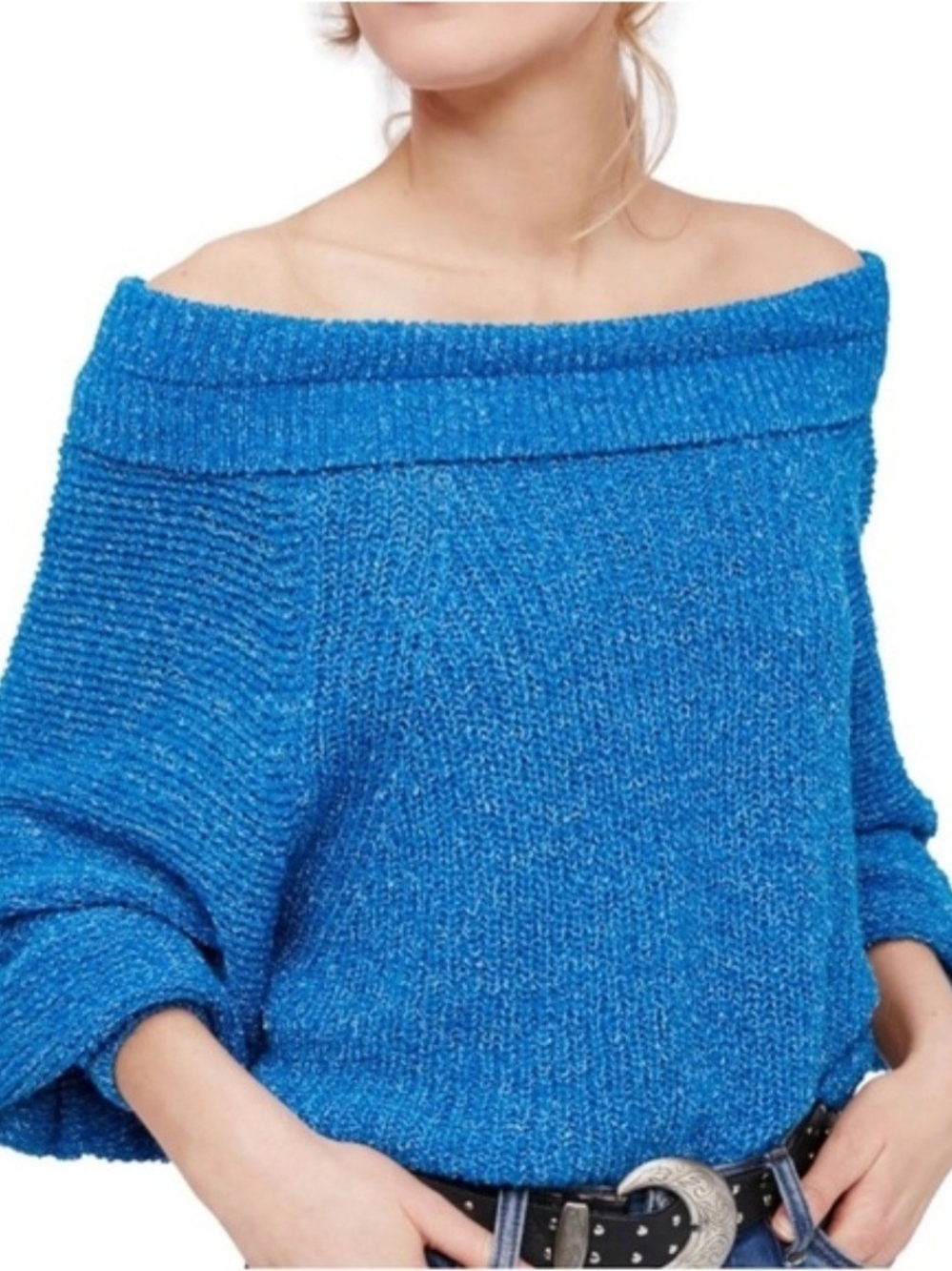 Free People Teal Blue Off The Shoulder Sweater
